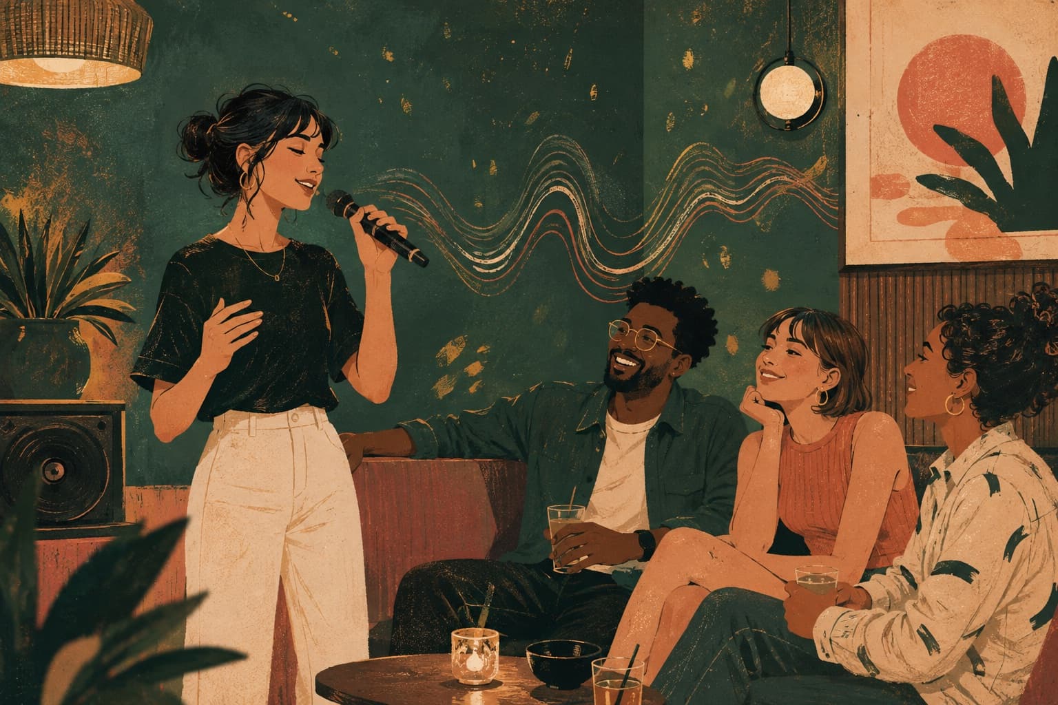 Illustration of a singer holding a microphone while friends listen in a warm karaoke room